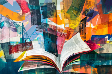 An abstract background featuring a collage of colorful textbooks, their pages open to reveal a world of knowledgeの素材