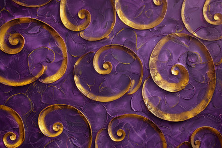 A luxurious business background with a pattern of golden swirls against a deep purple backdropの素材