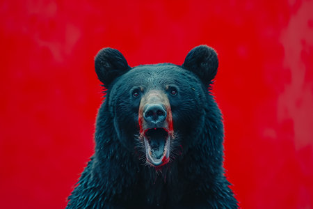 A bear with blood on its face is staring at the camera. The bear is black and the background is redの素材