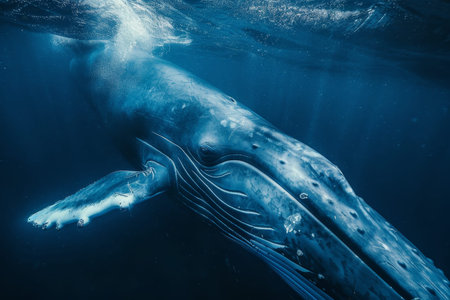A whale is swimming in the ocean. The whale is large and has a long tail. The water is clear and blueの素材