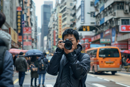 Asian man in a photographer's outfit pictures taking on a city street.の素材