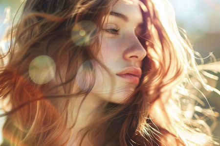A woman with long brown hair, styled in soft waves and curls.の素材