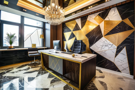 A luxurious business office with abstract geometric patterns on the wallsの素材