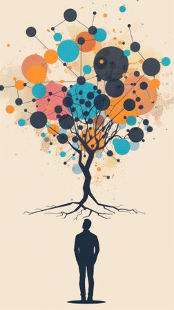 Visualize a strategic mind map. Branches connecting goals, tactics, and market analysisの素材