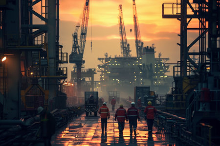 A bustling shipyard at dawn. Workers in hard hats and high-visibility jackets move purposefully among the giant cranes and stacks of shipping containersの素材