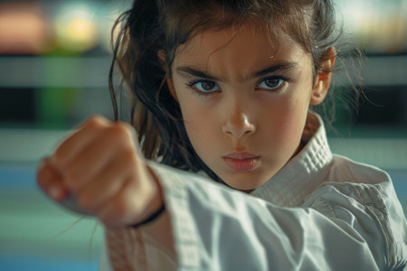 A girl in a protective pose, practicing a martial arts move with focus and determination.の素材