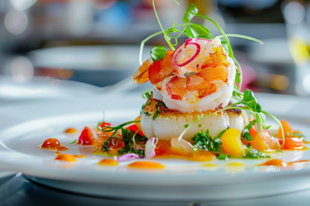 A close-up of a beautifully plated seafood dish prepared by a master chef.の素材