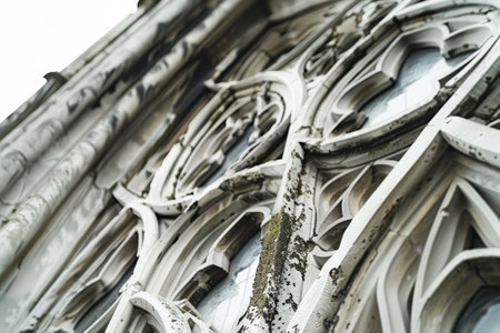 A detailed view of a Gothic window, its intricate tracery and weathered stone standing out against a pure white background.の素材