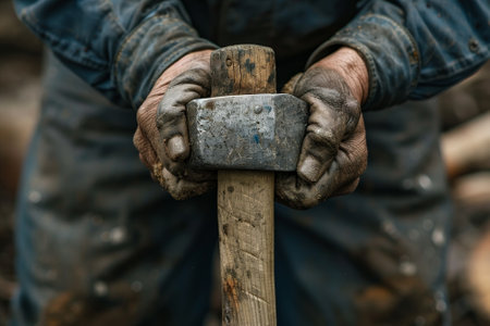 A close-up shot of a construction worker hands, gripping a hammer.の素材
