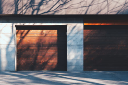 A close-up of a modern two-car garage. The garage is part of a contemporary home, with clean lines and a minimalist designの素材