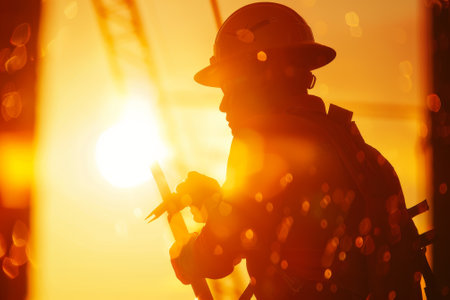 An abstract image of a construction worker silhouette against the setting sun.の素材