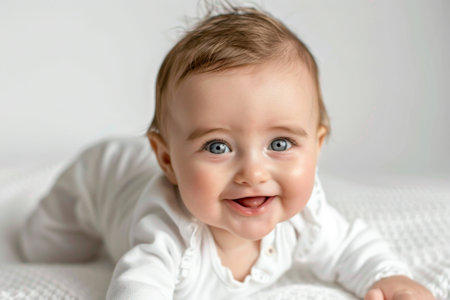 A baby is smiling and has blue eyes. The baby is laying on a white blanketの素材