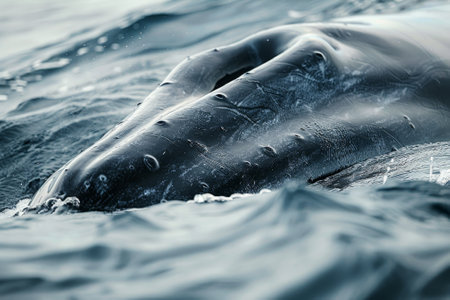 A whale is swimming in the ocean. The water is blue and the whale is blackの素材