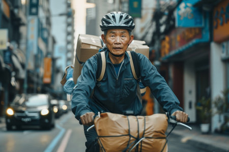 A man in a blue jacket rides a bicycle down a city street. He is wearing a helmet and has a backpack on his back. The scene is bustling with activity, with carsの素材