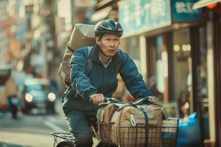 A man in a blue jacket rides a bicycle down a city street. He is wearing a helmet and has a backpack on his back. The scene is bustling with activity, with carsの素材