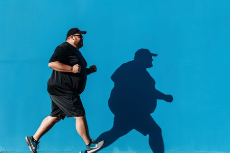A man in a black shirt and shorts runs past a wall, leaving a shadow of himself. Concept of determination and perseverance, as the man is working hard to achieve his fitness goalsの素材