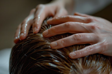 A detailed view of a masseuse's hands performing a scalp massage.の素材