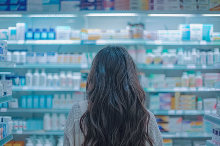 A woman with long hair is standing in front of a pharmacy shelf. She is looking at the medicine bottles on the shelfの素材