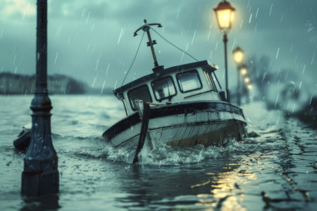 A boat is floating in the water and is surrounded by a street lamp. The scene is dark and rainy, with the boat being the only source of lightの素材