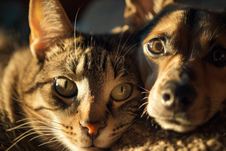 A cat and a dog are laying on a blanket, with the cat looking at the camera. Concept of warmth and companionship between the two animalsの素材