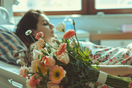 A woman is laying in bed with a bouquet of flowers next to her. The flowers are pink and white, and they are arranged in a vaseの素材