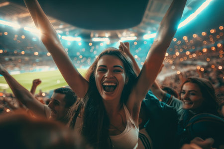 A woman is smiling and holding her arms up in the air at a stadium. Scene is joyful and celebratoryの素材