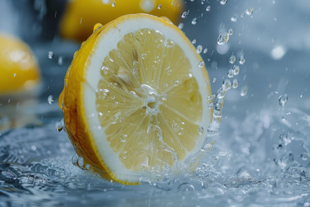 A lemon slice is in a glass of water, with the water splashing around it. Concept of freshness and vitality, as the lemon slice is a symbol of health and wellnessの素材