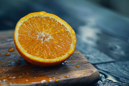 A slice of orange is sitting on a wooden cutting board. The orange is dripping with juice, and the water droplets are creating a shiny, reflective surface. Concept of freshness and vitalityの素材