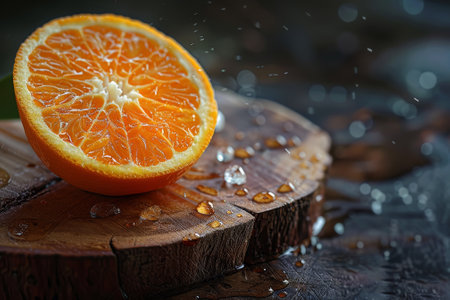A single orange slice sits on a wooden table. The orange is cut in half and the juice is dripping onto the table. Concept of freshness and natural beautyの素材