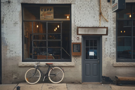 A bicycle is parked outside a cafe. The bike is leaning against the wall and the door is openの素材