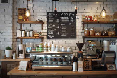 A coffee shop with a chalkboard menu on the wall. The menu is black and white and includes a variety of drinks and pastries. The shop has a cozy and inviting atmosphere, with wooden shelvesの素材