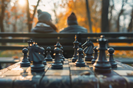 A couple is sitting on a bench next to a chess board. The board has a black and white pattern and the pieces are blackの素材