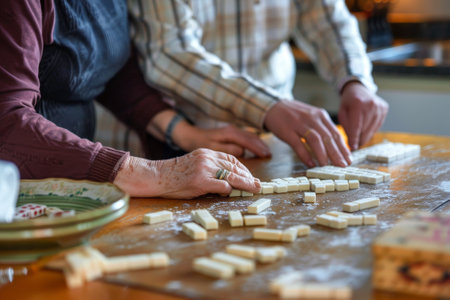 Two people are making a jigsaw puzzle together. The woman is wearing a red shirt and the man is wearing a white shirtの素材