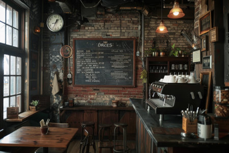 A cozy coffee shop with a chalkboard menu on the wall. The atmosphere is warm and inviting, with wooden furniture and a brick wall. The clocks on the wall add a vintage touch to the spaceの素材