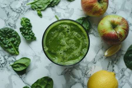 A glass of green juice is on a table with a lemon and an appleの素材