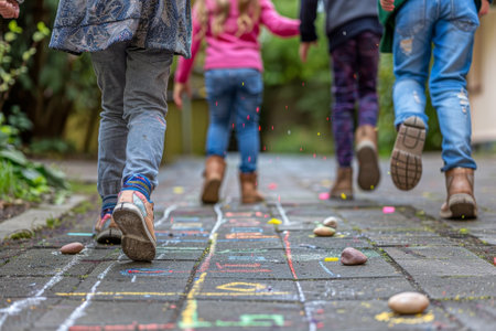 A group of children are playing hopscotch on a sidewalk. The sidewalk is covered in chalk drawings and the children are wearing shoesの素材