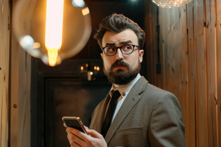A man with a beard and glasses is holding a cell phone. He is looking at the phone while standing in a dimly lit roomの素材
