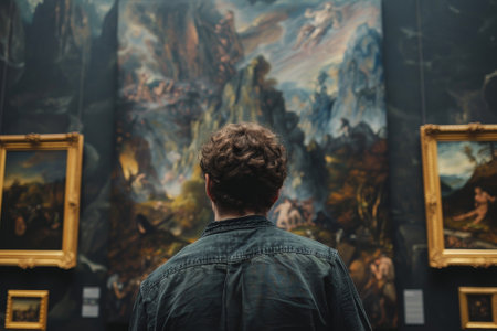 A man is looking at a painting of a mountain range. The painting is very large and has a lot of detail. The man is wearing a blue shirt and he is admiring the artworkの素材