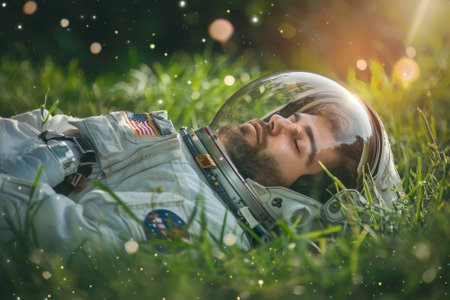 A man in a spacesuit is laying in the grass. The image is a creative and whimsical representation of the man in a space suit, with the grass and sunlight creating a dreamy and peaceful atmosphereの素材