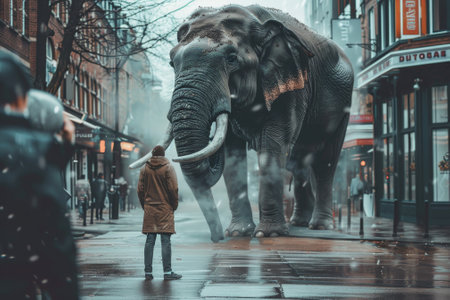 A man stands in the rain next to a large elephant. The elephant is surrounded by people, some of whom are looking at it. The scene is a mix of reality and fantasyの素材