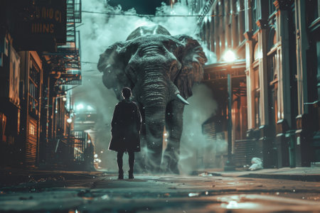 A person stands in front of a huge elephant in a city street. The elephant is surrounded by smoke and the scene is dark and eerieの素材