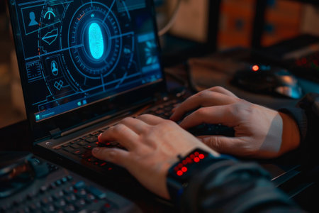 A person is typing on a laptop with a fingerprint on the screen. Concept of security and privacy, as the fingerprint is a unique identifier that can be used to protect sensitive informationの素材