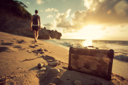 A suitcase is sitting on the beach, with a person walking in the background. The scene is serene and peaceful, with the sun setting in the distanceの素材