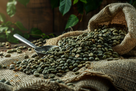 A bag of coffee beans is spread out on a table. The beans are in a variety of sizes and are scattered across the table. A spoon is also present on the table, likely used to scoop up some of the beansの素材
