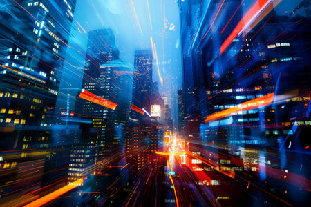 A cityscape with a blurry background and a bright blue sky. The city is lit up with lights and the sky is filled with streaks of light. Scene is energetic and dynamic, with the cityの素材