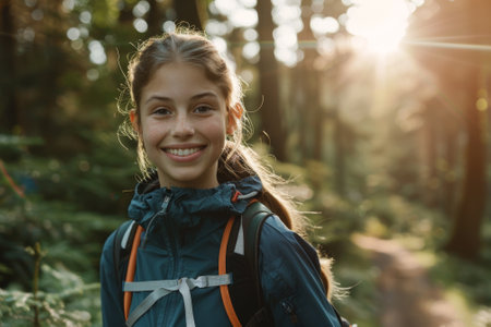 A girl is smiling and wearing a blue jacket and backpack. She is standing in a forest. Scene is happy and adventurousの素材