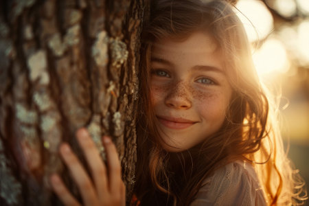 A young girl is hugging a tree trunk and smiling. Concept of warmth and happiness, as the girl seems to be enjoying her time in natureの素材