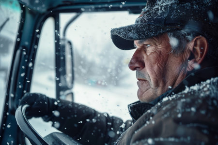 A man in a hat and a jacket is driving a truck in the snow. He looks tired and is staring out the windowの素材
