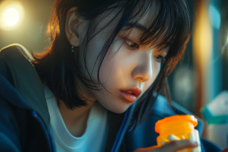 A woman with short hair is holding a yellow container. She has a serious expression on her faceの素材