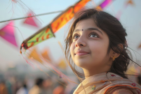 A young woman is smiling and looking up at a colorful kite. The kite is flying high in the sky, and there are many other kites in the background. The scene is lively and cheerfulの素材